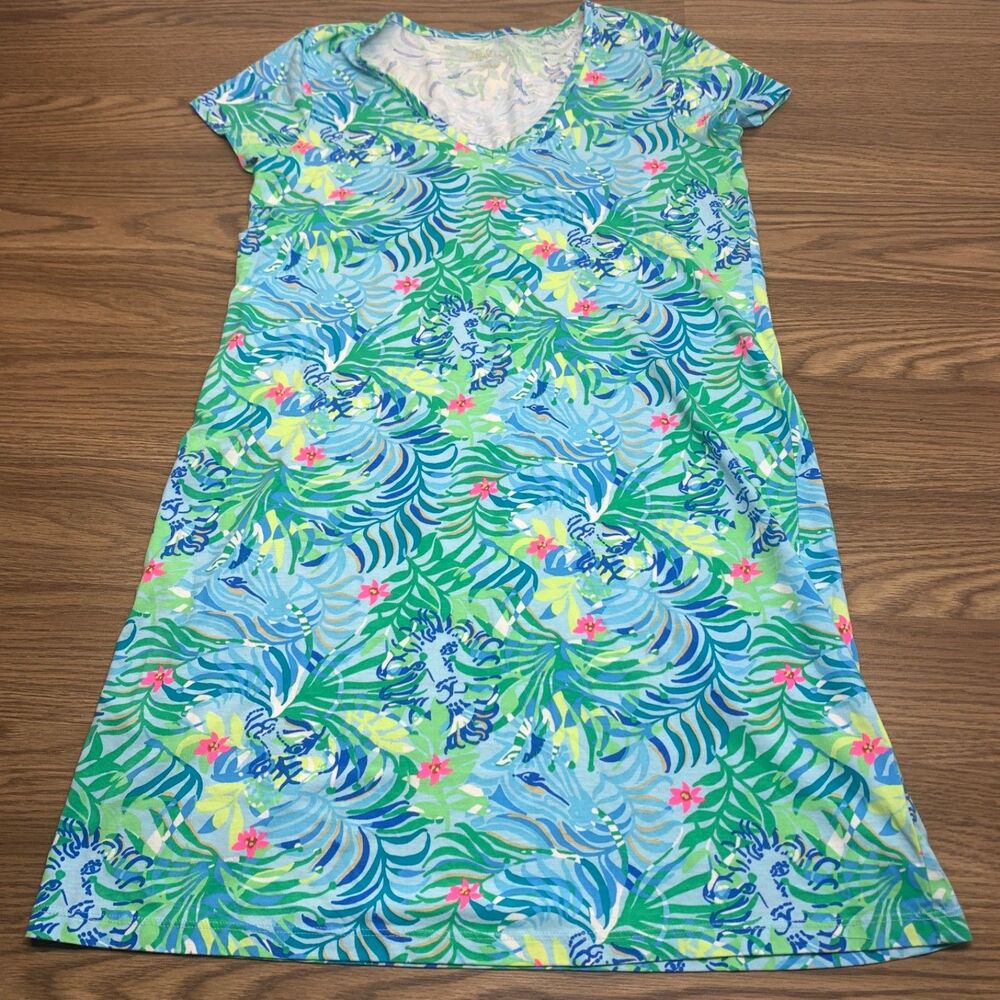 Lilly Pulitzer S Etta V-Neck Dress Multicolor Green Via Parigi Print‎ Knit